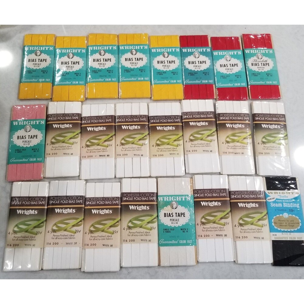 Wright's Bias Tape Polyester/Cotton lot of 23 & 1 seam binding nos asst colors